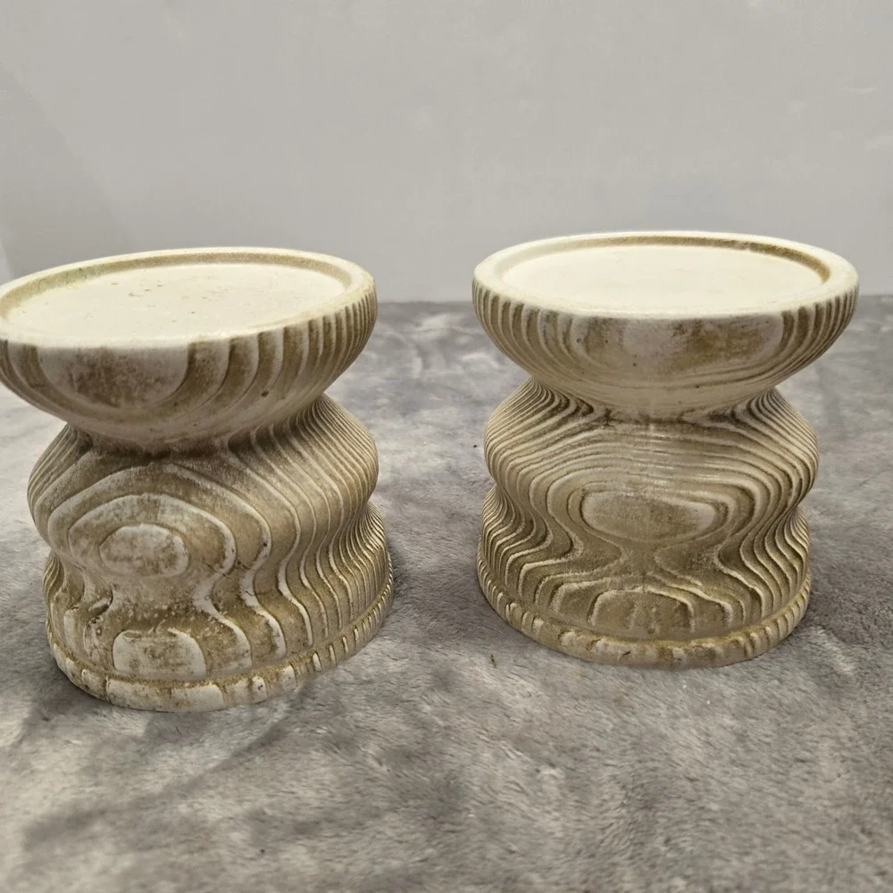 Vintage Japan Pillar‎ Candle Holders Pair Brutalist Textured Cream Brown Wood